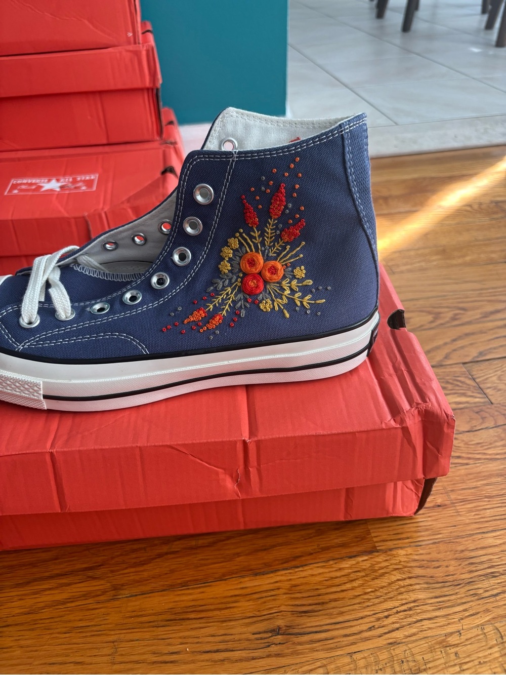 Converse Navy High-Top Canvas Sneaker with Red and Yellow Floral Embroidery